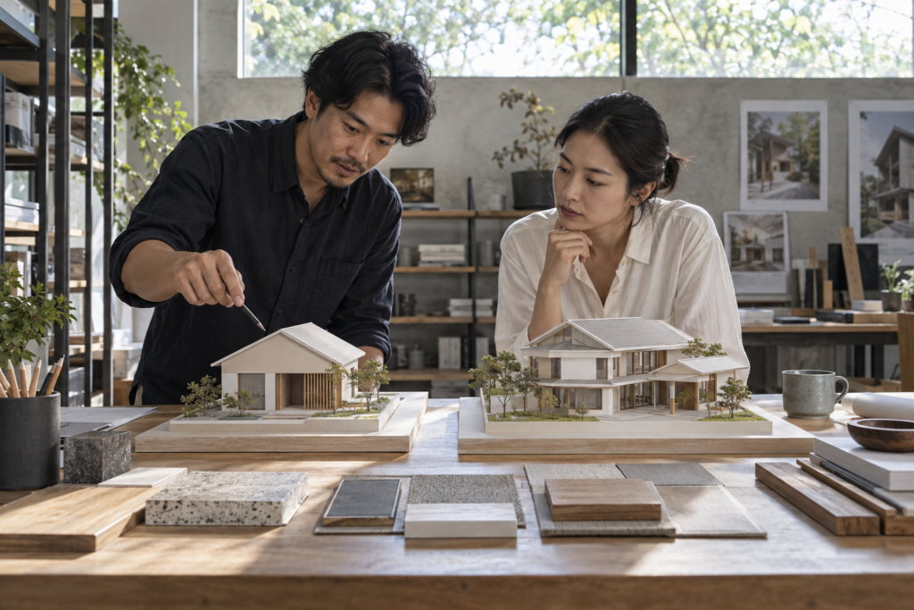 สถาปนิกและเจ้าของบ้านเปรียบเทียบโมเดลบ้านกับวัสดุเพื่อปรับงบอย่างมีเหตุผล