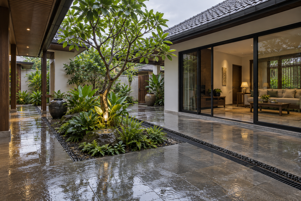 แนวคิดคอร์ตกลางบ้านเขตร้อนหลังฝนพร้อมทางเดินมีชายคาและจุดระบายน้ำ