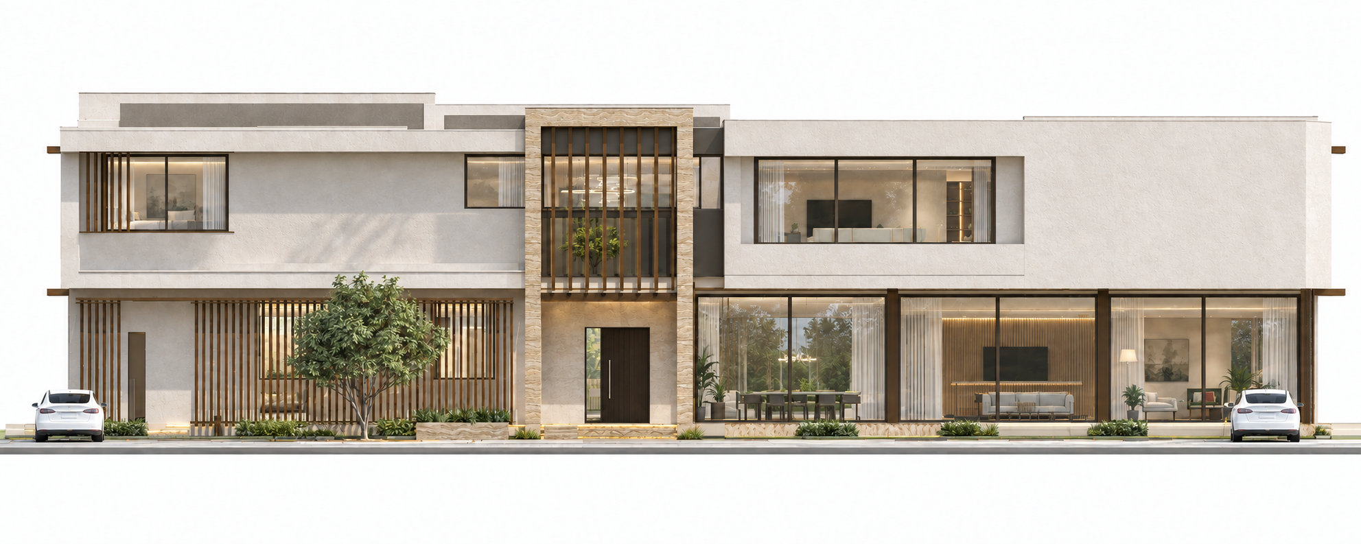 ภาพออกแบบบ้านพักอาศัย 2 ชั้น 2,000 ตร.ม. กรุงเทพฯ — หน้าตรง