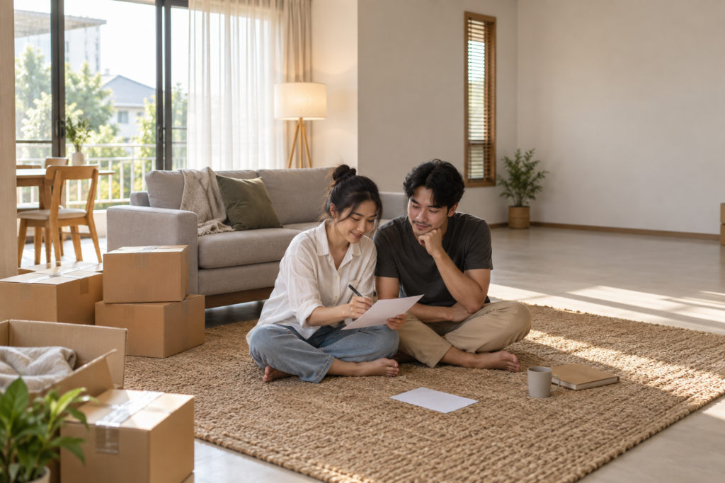 คู่เจ้าของบ้านนั่งวางรายการซื้อในห้องนั่งเล่นที่เพิ่งย้ายเข้าและยังมีพื้นที่ว่าง