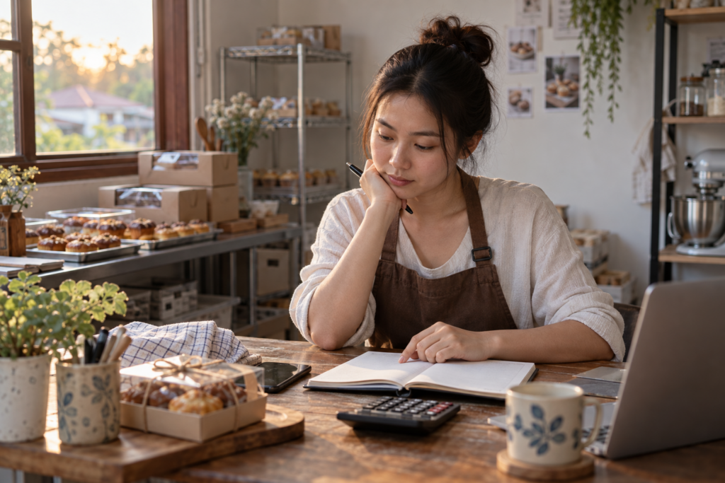 ผู้ประกอบอาชีพทำขนมตรวจบัญชีรายรับในมุมทำงานของร้านเพื่อวางแผนค่างวดบ้าน