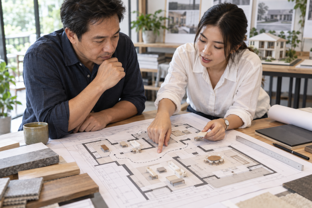 เจ้าของบ้านและสถาปนิกตรวจผังห้องพร้อมชิ้นจำลองเฟอร์นิเจอร์บนแบบ