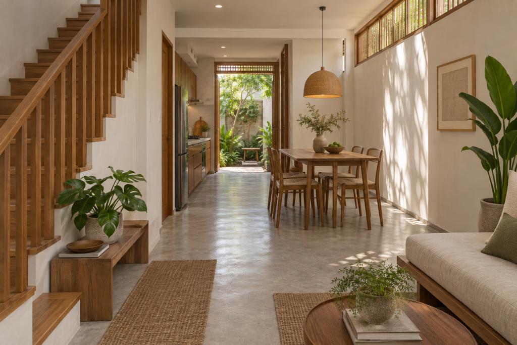 แนวคิดภายในบ้านหน้าแคบที่มีทางเดินชัดและแสงจากช่องสูงกับสวนหลังบ้าน