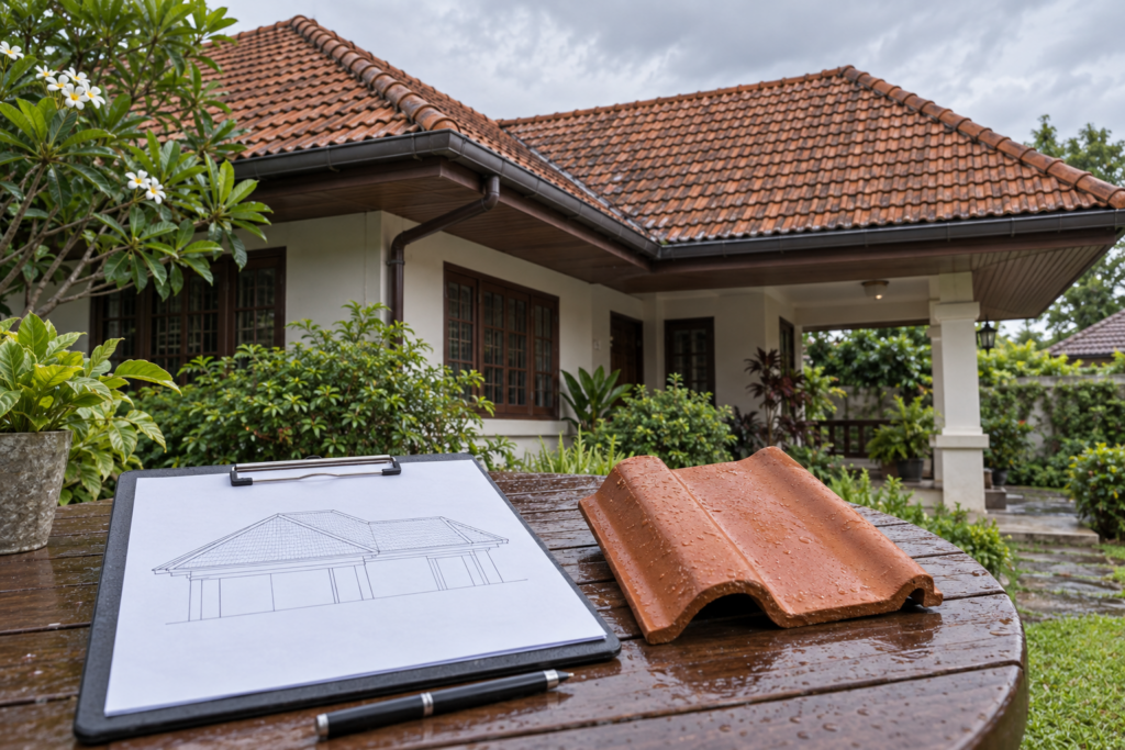 หลังคากระเบื้องบ้านเก่าพร้อมตัวอย่างวัสดุและภาพร่างประกอบการประเมิน
