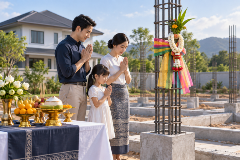 ภาพประกอบ AI ภาพจำลองพิธีเสาเอกพร้อมพวงมาลัยและเครื่องประกอบพิธี