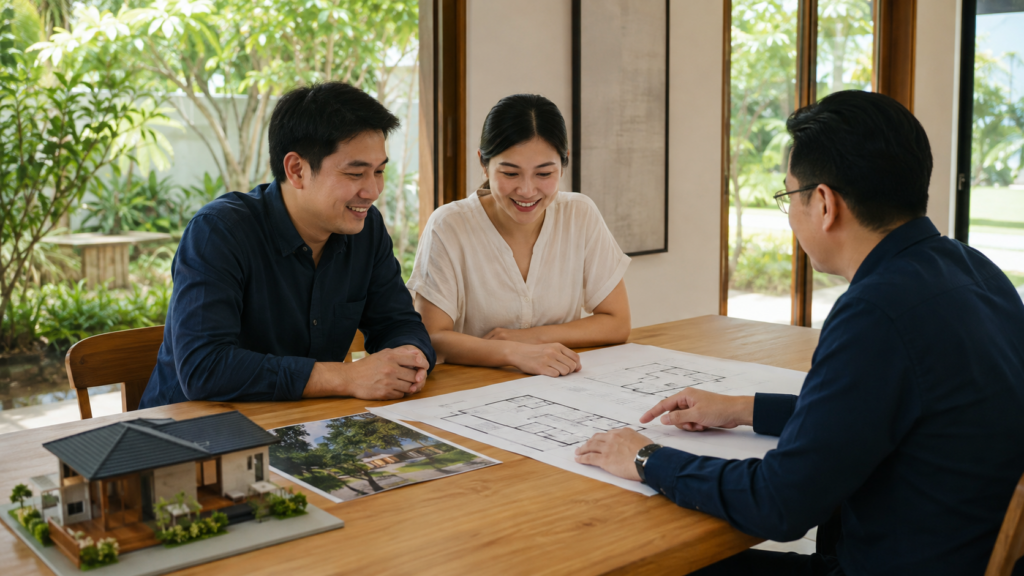 การปรึกษาสถาปนิกเพื่อเตรียมสร้างบ้านบนที่ดินตัวเอง — ภาพประกอบ AI