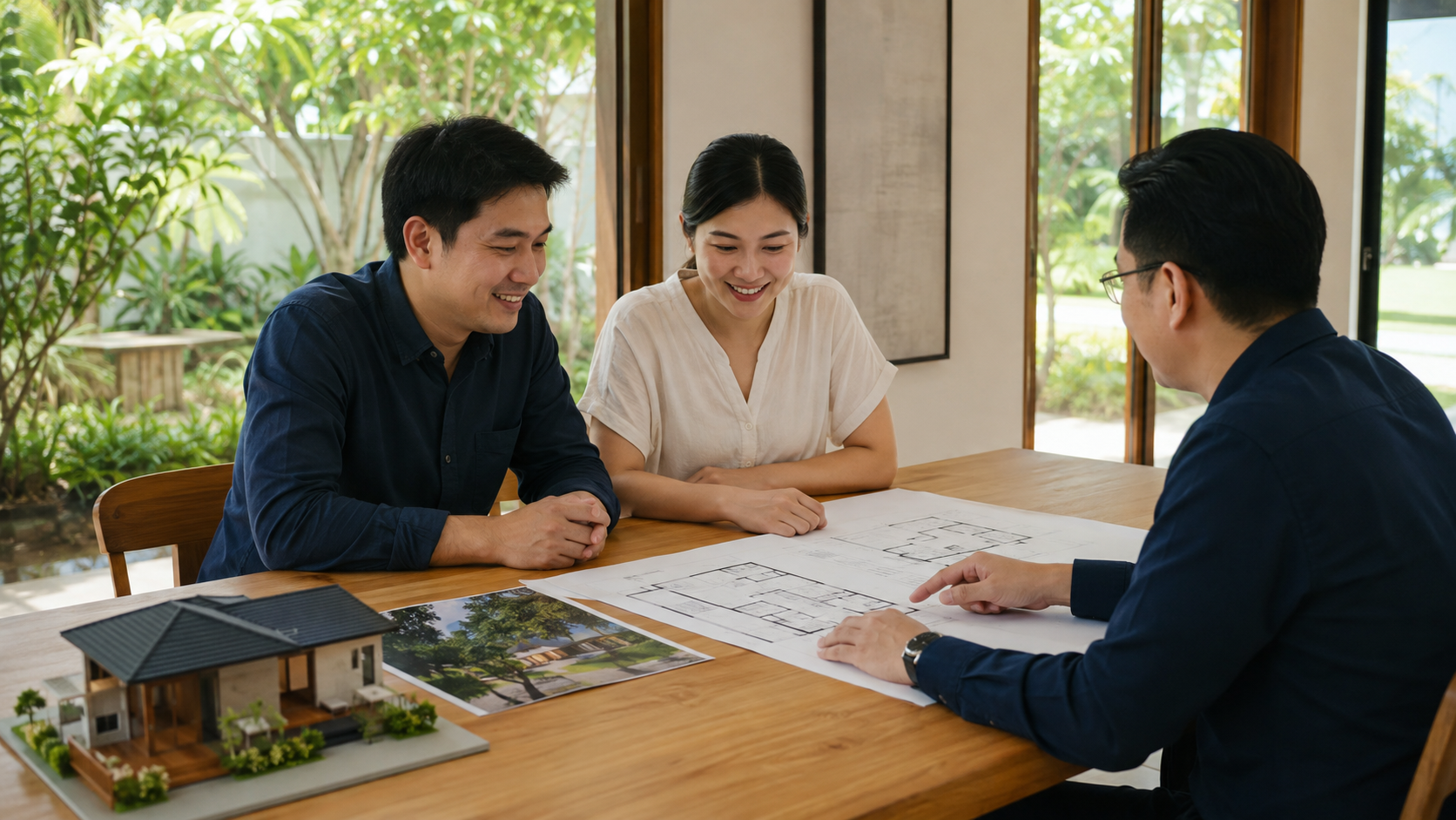 การปรึกษาสถาปนิกเพื่อเตรียมสร้างบ้านบนที่ดินตัวเอง — ภาพประกอบ AI