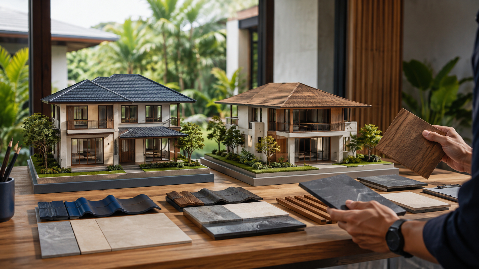การเปรียบเทียบแบบบ้านและวัสดุก่อสร้าง — ภาพประกอบ AI
