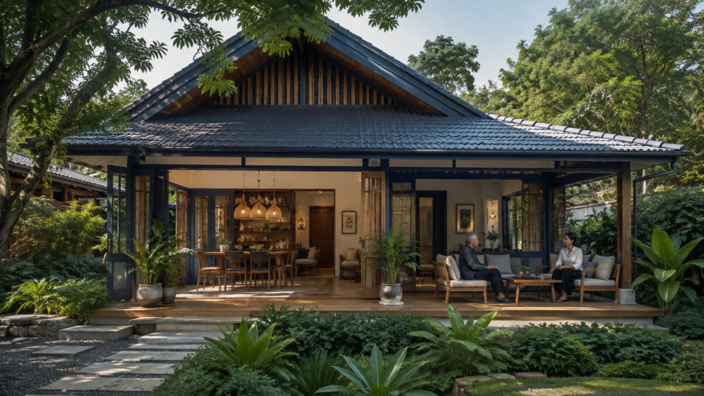บ้านเขตร้อนพร้อมชายคาบังแดดและช่องเปิด — ภาพประกอบ AI
