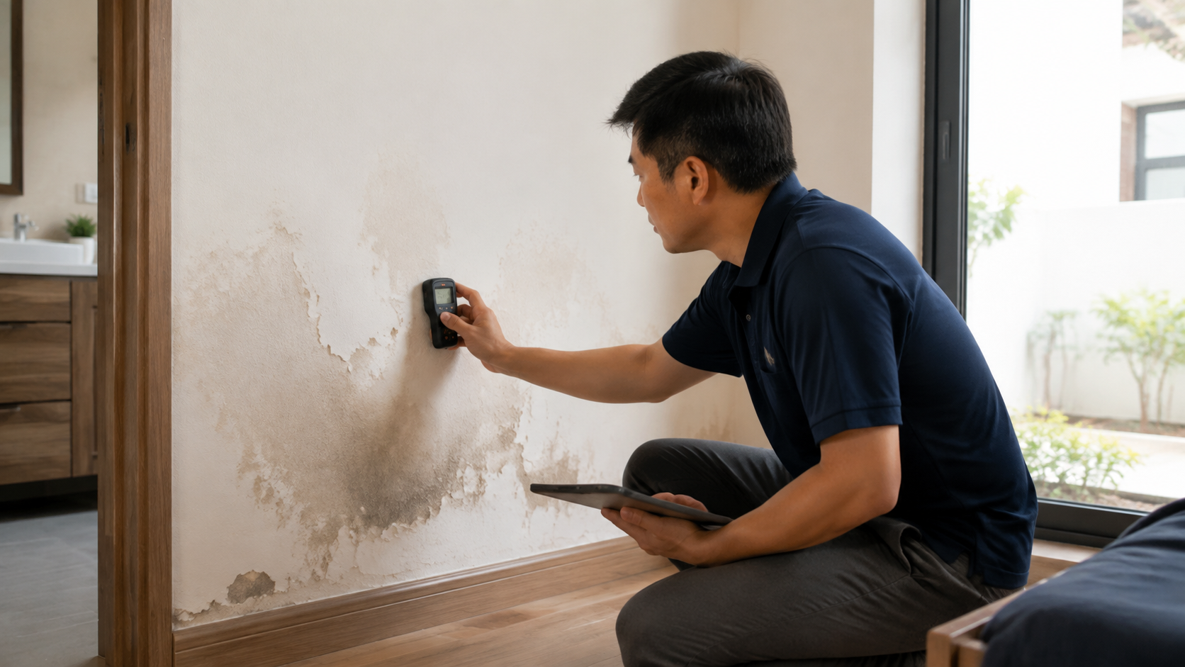 การตรวจความชื้นบริเวณผนังสีลอก — ภาพประกอบ AI
