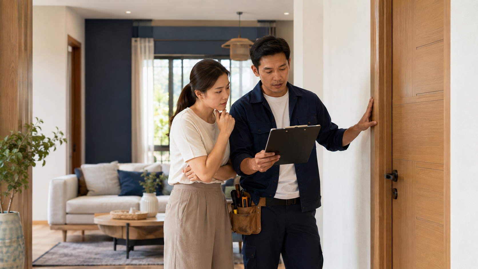 เจ้าของบ้านตรวจรับงานรีโนเวทร่วมกับผู้รับเหมา — ภาพประกอบ AI