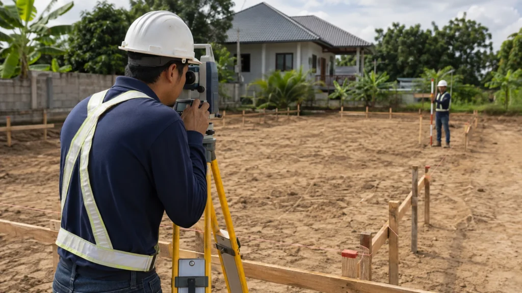 ภาพประกอบ AI ทีมสำรวจใช้กล้องสำรวจตรวจแนวผังบ้านในพื้นที่ก่อสร้าง