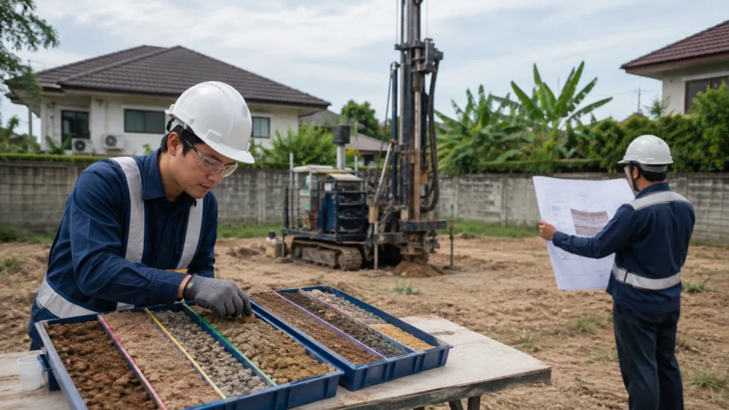 ภาพประกอบ AI ทีมสำรวจชั้นดินและจัดเก็บตัวอย่างดินสำหรับออกแบบฐานรากบ้าน